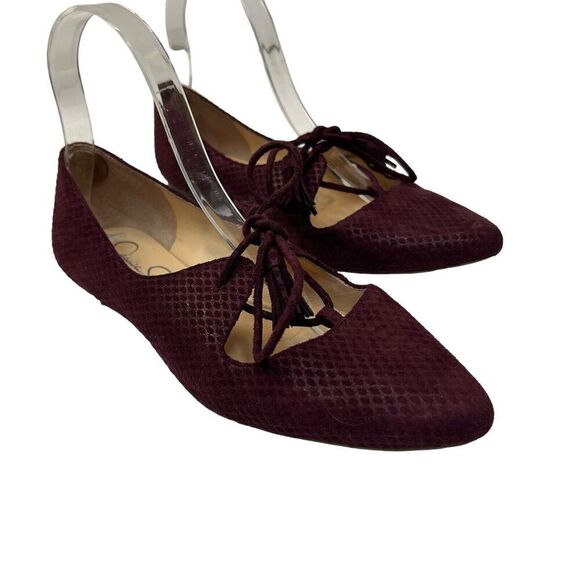 Jessica Simpson Maroon Pointy Mary Jane Ballet Flats Size 7.5 Lace Tie - Picture 1 of 9